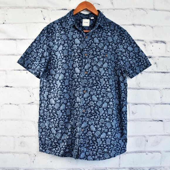 Streetwear Short Sleeve Navy Desert Print Modern Fit Cotton Button Up m - Picture 1 of 5